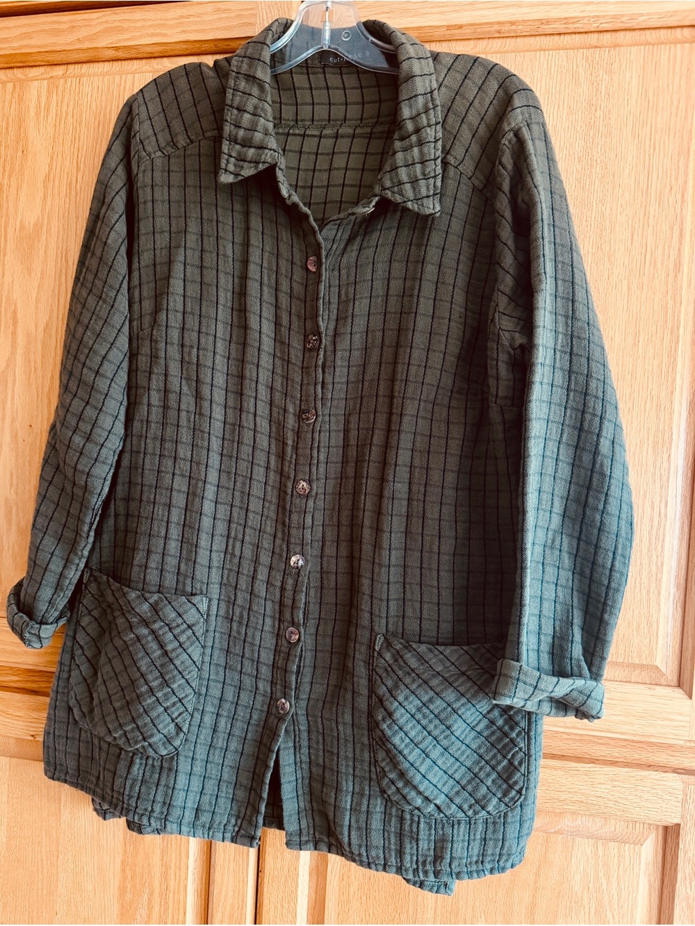 Cut loose Size M long Cotton &  Linen blend oversized long button down shirt.